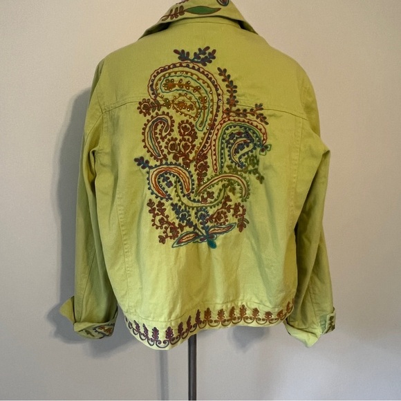 Coldwater Creek Green Denim Twill Paisley Embroidered Boho Jacket large - Picture 4 of 9